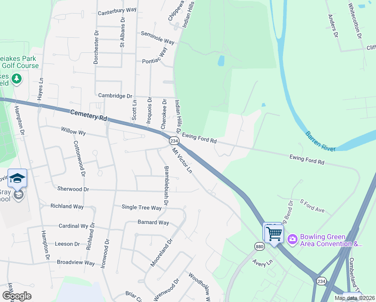 map of restaurants, bars, coffee shops, grocery stores, and more near 1880 Cemetery Road in Bowling Green
