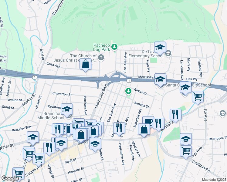map of restaurants, bars, coffee shops, grocery stores, and more near 504 Pacheco Avenue in Santa Cruz
