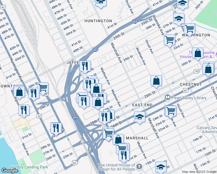 map of restaurants, bars, coffee shops, grocery stores, and more near 3201 Madison Avenue in Newport News
