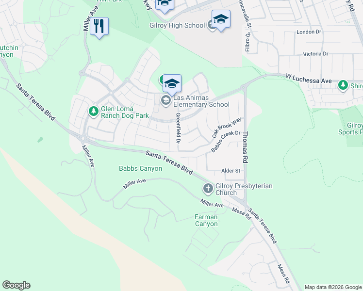 map of restaurants, bars, coffee shops, grocery stores, and more near 6341 Greenfield Drive in Gilroy