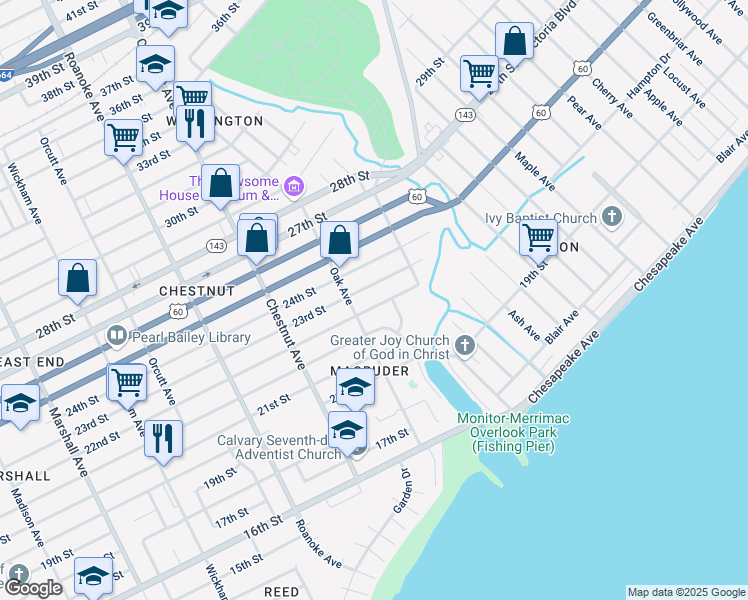 map of restaurants, bars, coffee shops, grocery stores, and more near 2129 Garner Terrace in Newport News