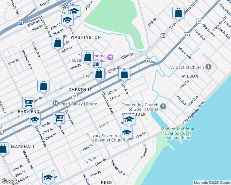 map of restaurants, bars, coffee shops, grocery stores, and more near 1245 23rd Street in Newport News
