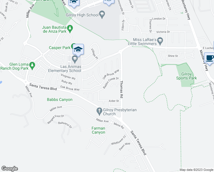 map of restaurants, bars, coffee shops, grocery stores, and more near 840 Babbs Creek Drive in Gilroy