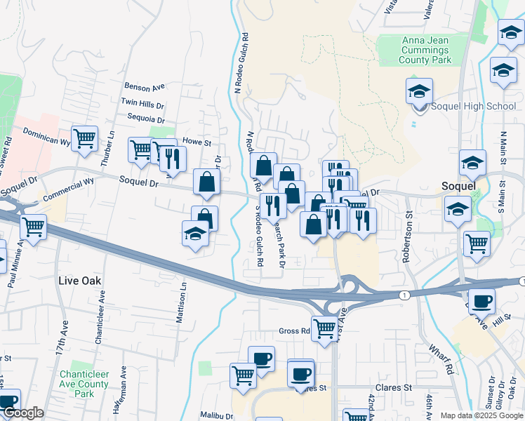 map of restaurants, bars, coffee shops, grocery stores, and more near 2854 South Rodeo Gulch Road in Soquel