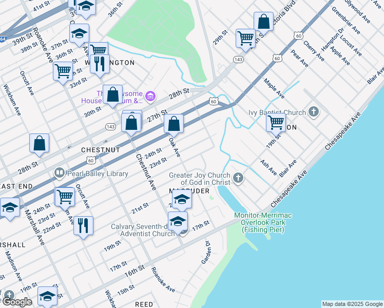 map of restaurants, bars, coffee shops, grocery stores, and more near 2129 Garner Terrace in Newport News