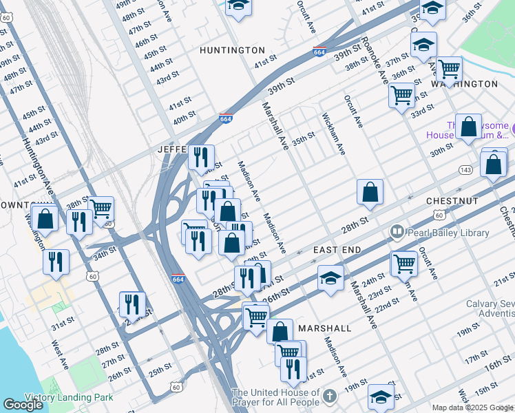 map of restaurants, bars, coffee shops, grocery stores, and more near 3201 Madison Avenue in Newport News
