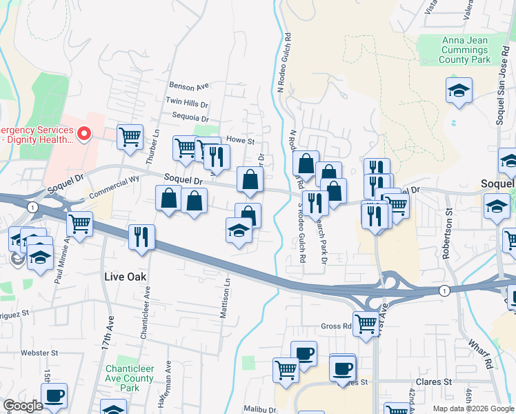map of restaurants, bars, coffee shops, grocery stores, and more near 2965 Mattison Lane in Santa Cruz