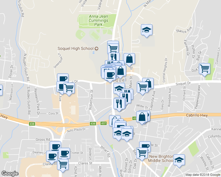 map of restaurants, bars, coffee shops, grocery stores, and more near 2815 Porter Street in Soquel