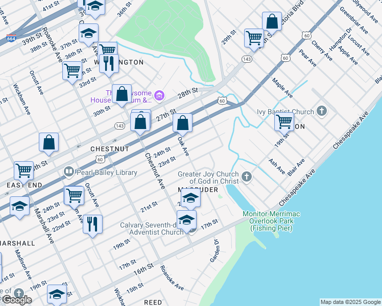 map of restaurants, bars, coffee shops, grocery stores, and more near 2212 Oak Ave in Newport News