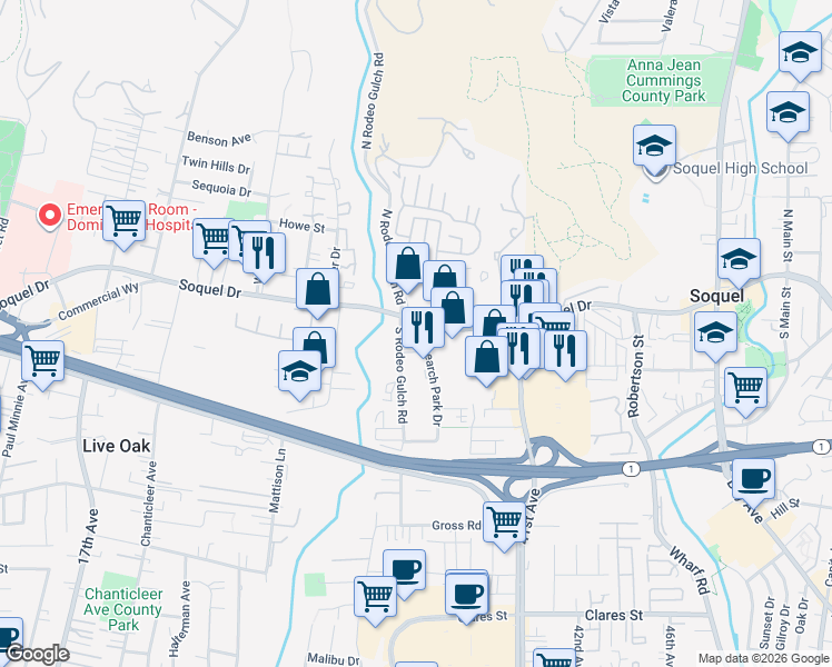 map of restaurants, bars, coffee shops, grocery stores, and more near 2854 South Rodeo Gulch Road in Soquel