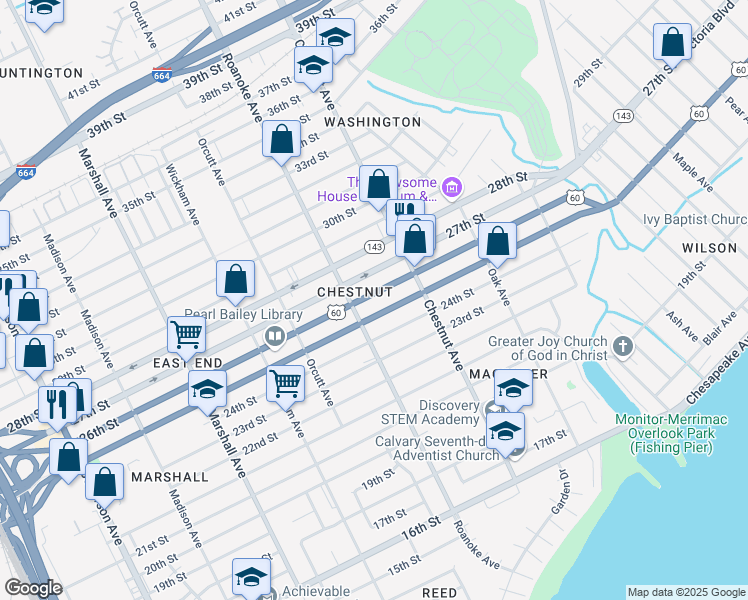 map of restaurants, bars, coffee shops, grocery stores, and more near 1120 26th Street in Newport News