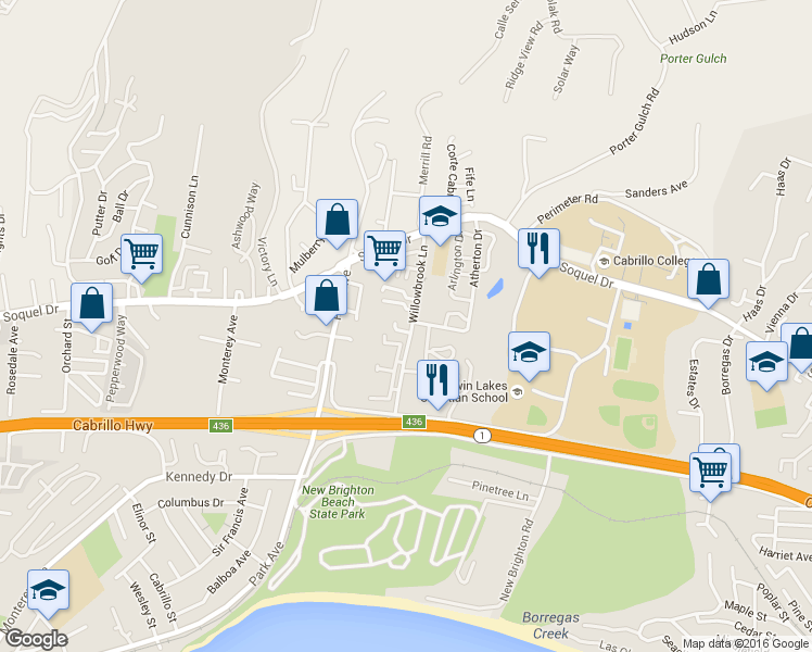 map of restaurants, bars, coffee shops, grocery stores, and more near 6116 Abbey Rd in Aptos