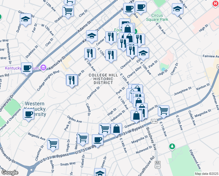 map of restaurants, bars, coffee shops, grocery stores, and more near 627 East 13th Avenue in Bowling Green