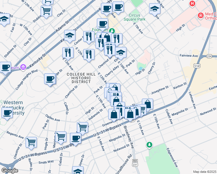 map of restaurants, bars, coffee shops, grocery stores, and more near 713 East 12th Avenue in Bowling Green