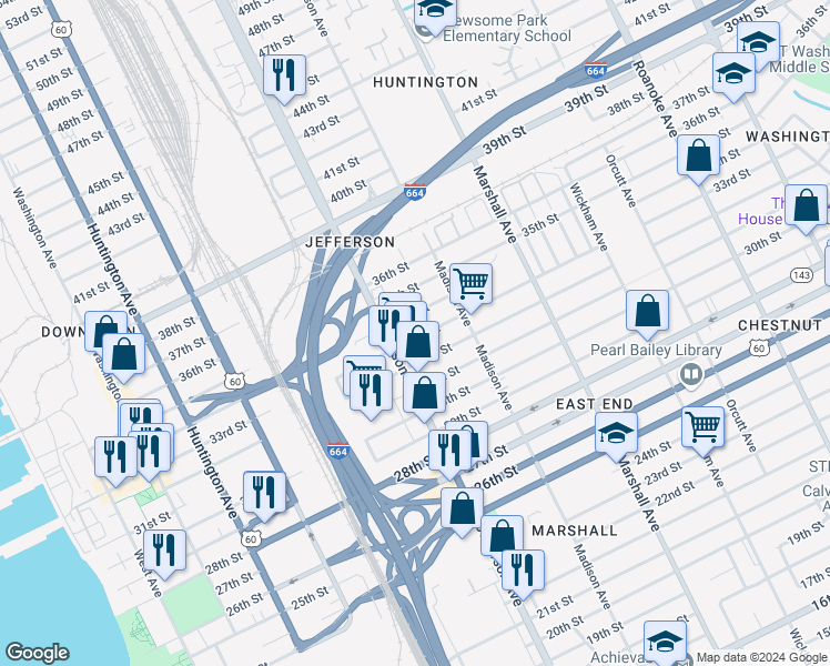 map of restaurants, bars, coffee shops, grocery stores, and more near 623 33rd Street in Newport News
