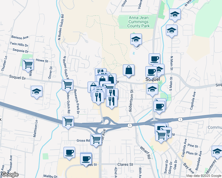 map of restaurants, bars, coffee shops, grocery stores, and more near 100 Cotton Lane in Soquel