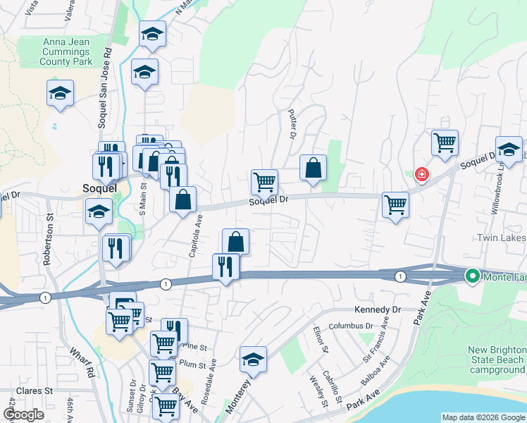 map of restaurants, bars, coffee shops, grocery stores, and more near 2747 Orchard Street in Soquel