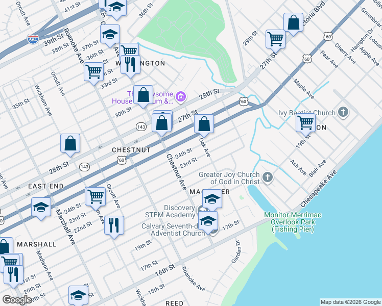 map of restaurants, bars, coffee shops, grocery stores, and more near 1245 23rd Street in Newport News