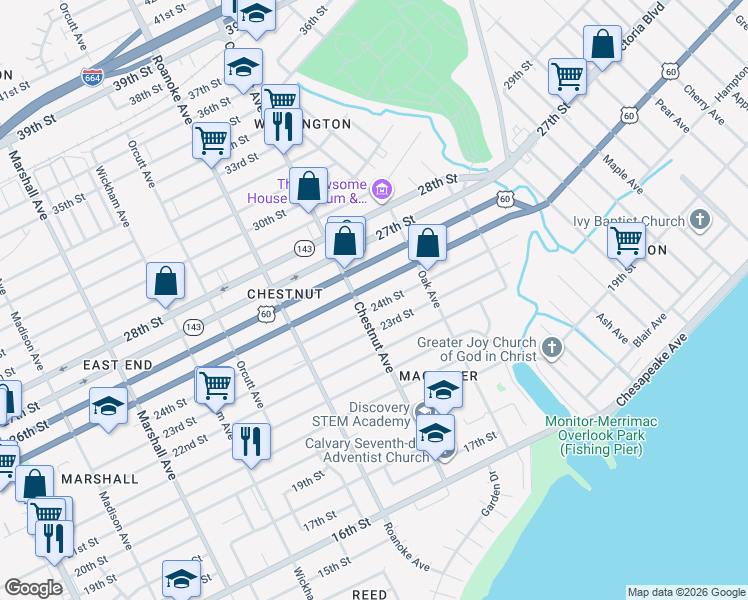 map of restaurants, bars, coffee shops, grocery stores, and more near 1211 24th Street in Newport News