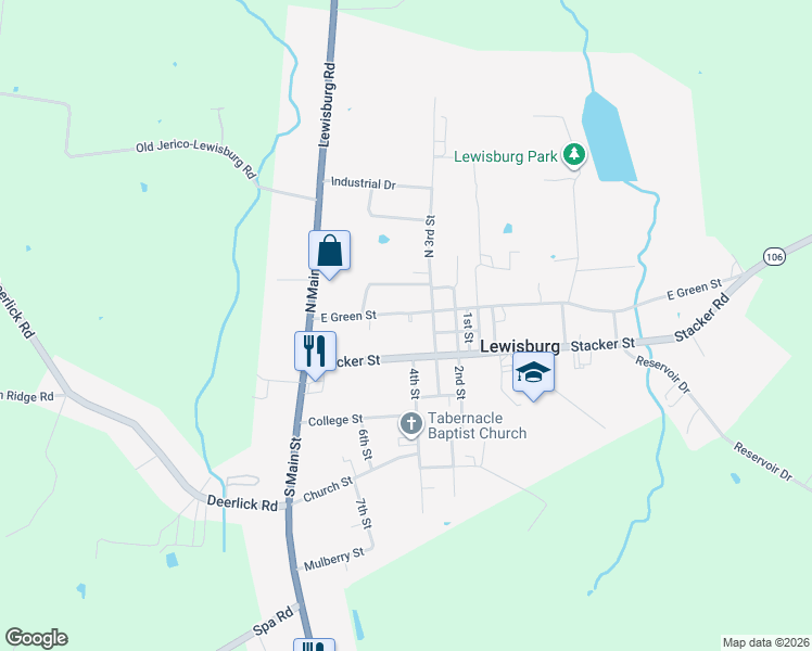 map of restaurants, bars, coffee shops, grocery stores, and more near 252 East Green Street in Lewisburg