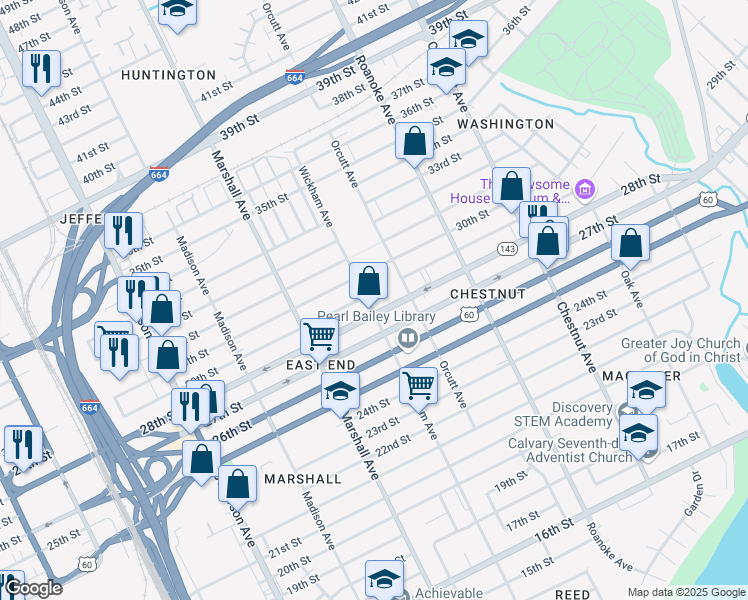 map of restaurants, bars, coffee shops, grocery stores, and more near 2814 Wickham Avenue in Newport News