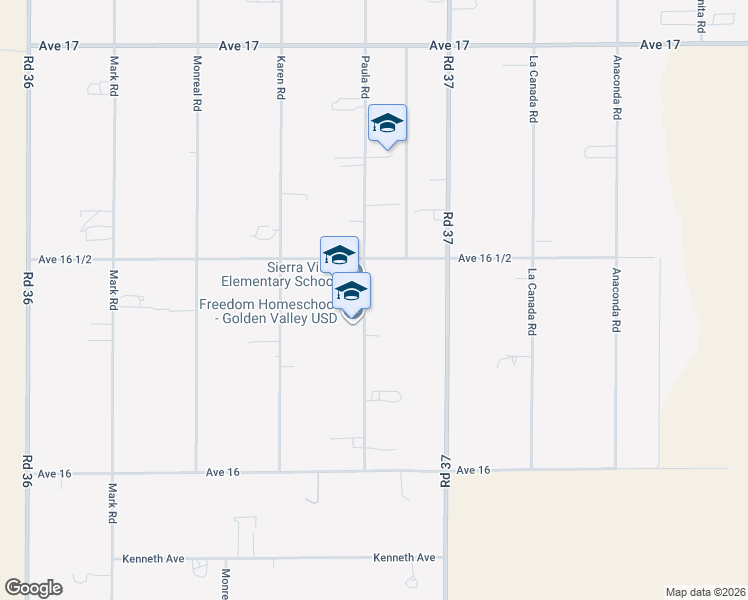 map of restaurants, bars, coffee shops, grocery stores, and more near 16397 Paula Road in Madera