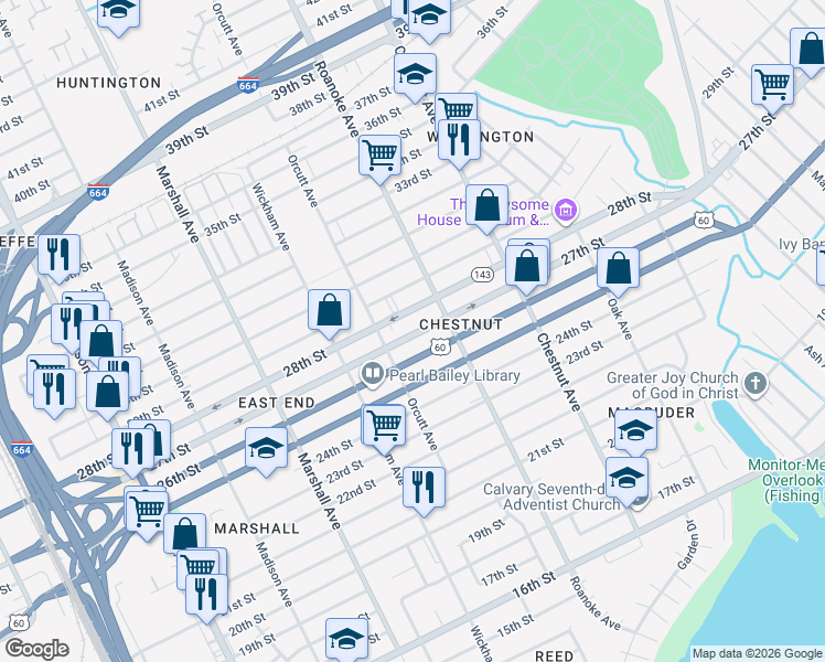 map of restaurants, bars, coffee shops, grocery stores, and more near 1021 27th Street in Newport News