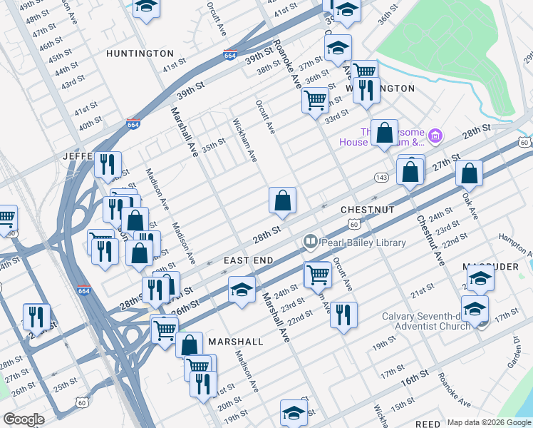 map of restaurants, bars, coffee shops, grocery stores, and more near 837 29th Street in Newport News
