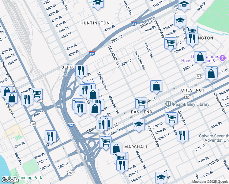 map of restaurants, bars, coffee shops, grocery stores, and more near 712 32nd Street in Newport News