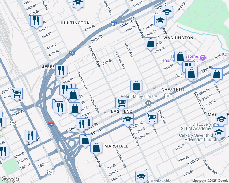 map of restaurants, bars, coffee shops, grocery stores, and more near 3000 Marshall Avenue in Newport News