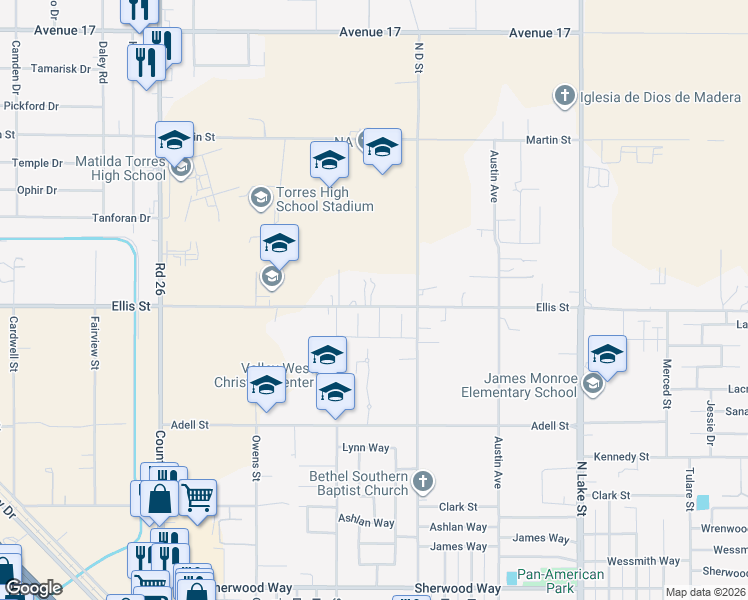 map of restaurants, bars, coffee shops, grocery stores, and more near 26507 Ellis Street in Madera