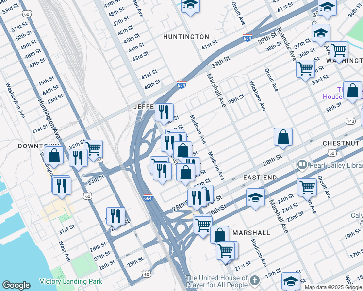 map of restaurants, bars, coffee shops, grocery stores, and more near 623 33rd Street in Newport News