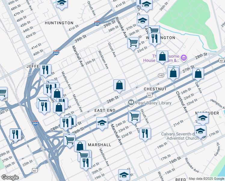 map of restaurants, bars, coffee shops, grocery stores, and more near 837 29th Street in Newport News