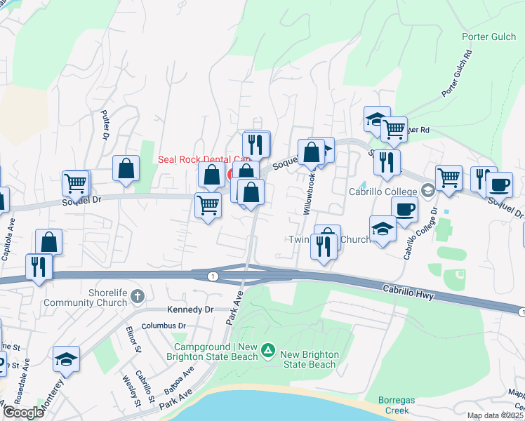map of restaurants, bars, coffee shops, grocery stores, and more near 2874 Park Avenue in Soquel