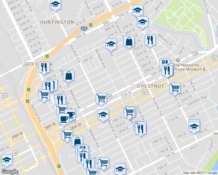 map of restaurants, bars, coffee shops, grocery stores, and more near 851 29th Street in Newport News