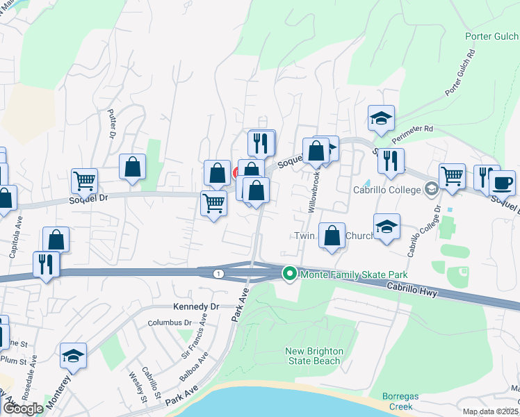 map of restaurants, bars, coffee shops, grocery stores, and more near 2901 Subec Lane in Soquel