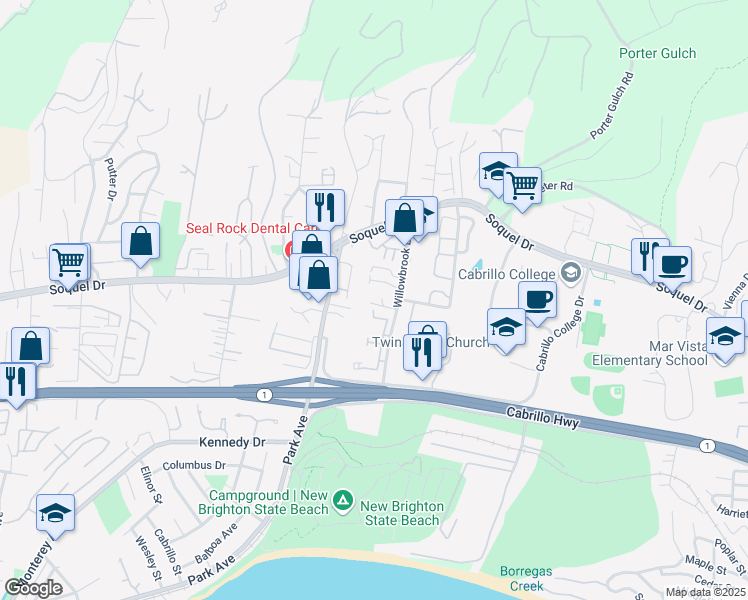 map of restaurants, bars, coffee shops, grocery stores, and more near 6105 Abbey Road in Aptos