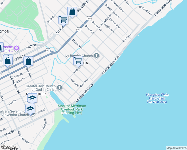 map of restaurants, bars, coffee shops, grocery stores, and more near 322 Blair Avenue in Newport News