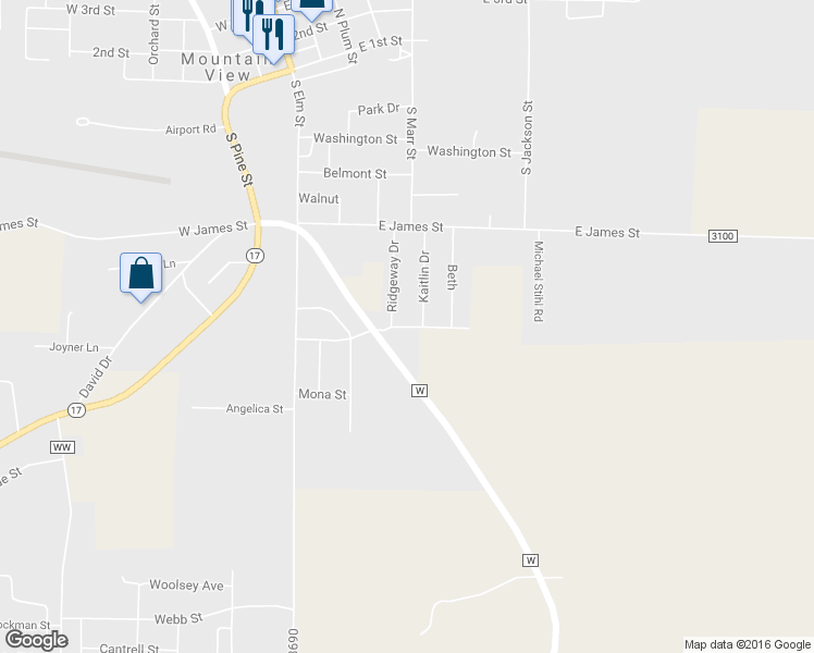 map of restaurants, bars, coffee shops, grocery stores, and more near Joshua Drive in Mountain View