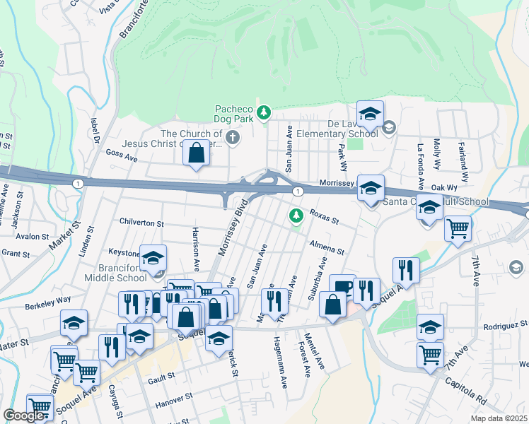 map of restaurants, bars, coffee shops, grocery stores, and more near 504 Pacheco Avenue in Santa Cruz