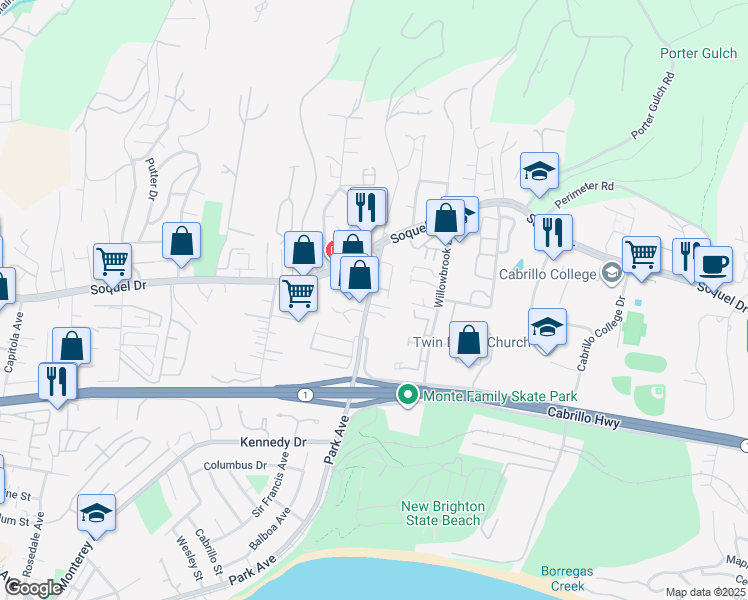 map of restaurants, bars, coffee shops, grocery stores, and more near 2876 Park Avenue in Soquel