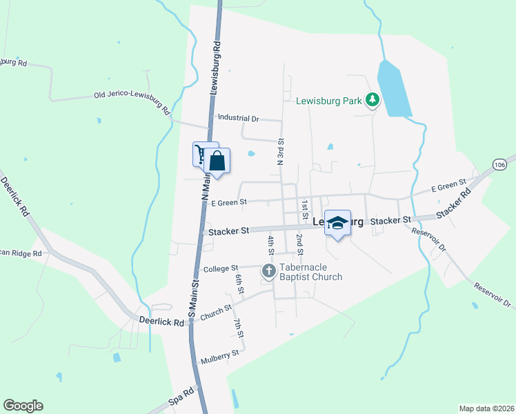 map of restaurants, bars, coffee shops, grocery stores, and more near 252 East Green Street in Lewisburg