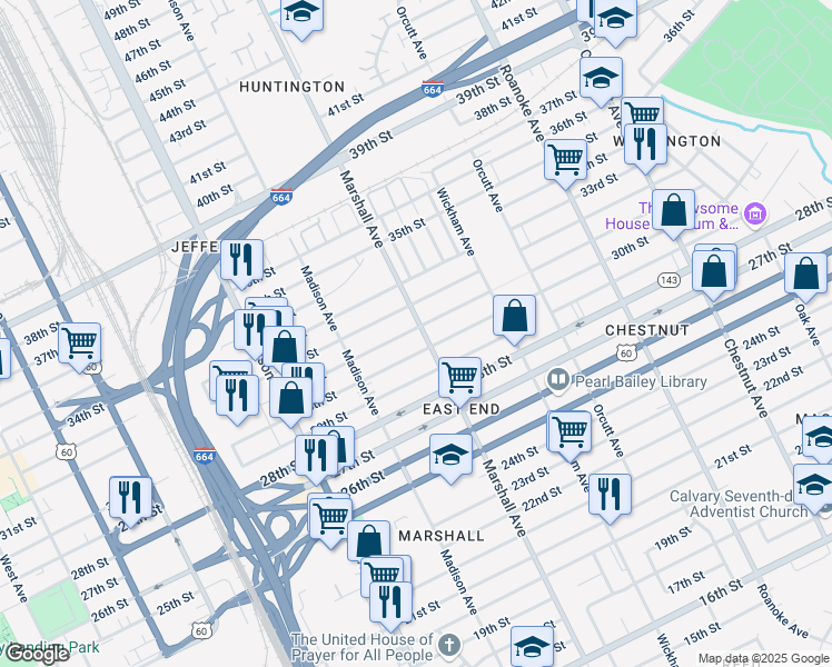 map of restaurants, bars, coffee shops, grocery stores, and more near 3000 Marshall Avenue in Newport News