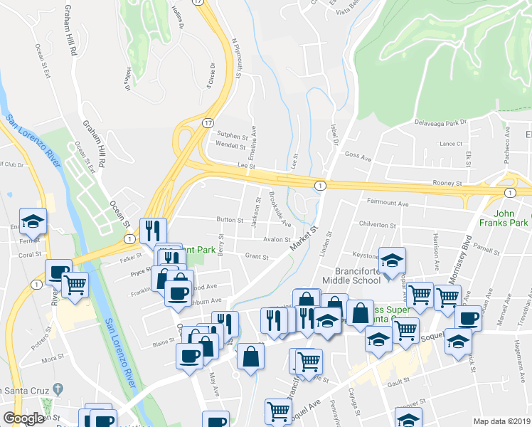 map of restaurants, bars, coffee shops, grocery stores, and more near 211 Routier Street in Santa Cruz