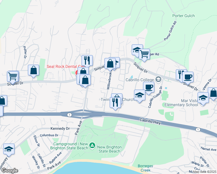 map of restaurants, bars, coffee shops, grocery stores, and more near Willowbrook Lane in Aptos