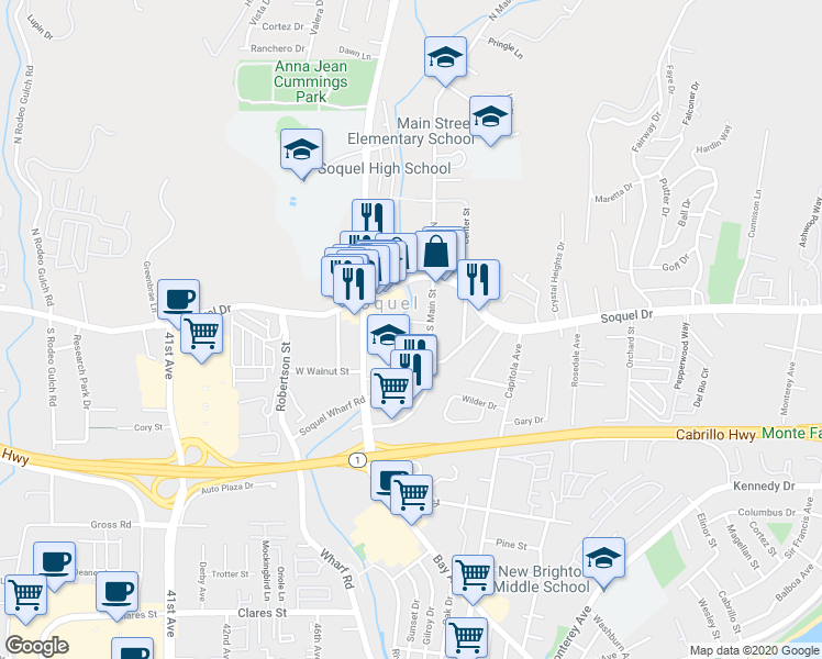 map of restaurants, bars, coffee shops, grocery stores, and more near 4800 River Street in Soquel