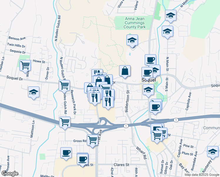 map of restaurants, bars, coffee shops, grocery stores, and more near 100 Cotton Lane in Soquel
