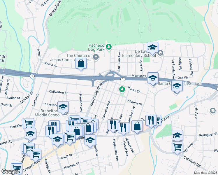 map of restaurants, bars, coffee shops, grocery stores, and more near 504 Pacheco Avenue in Santa Cruz