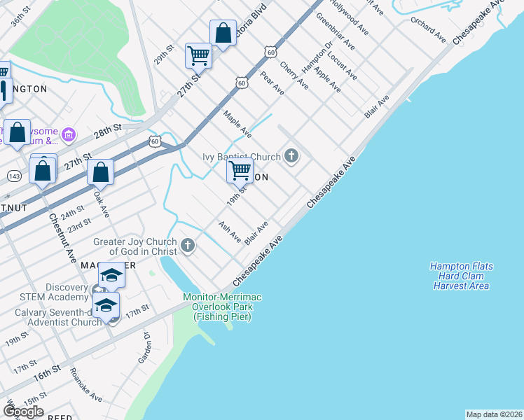 map of restaurants, bars, coffee shops, grocery stores, and more near 41 Buxton Avenue in Newport News