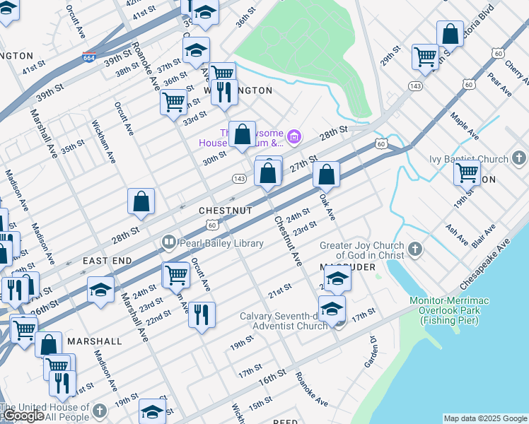 map of restaurants, bars, coffee shops, grocery stores, and more near 1155 25th Street in Newport News